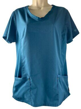 Purple Label by Healing Hands Yoga Scrub Top Size Large Blue Stretch Medical Uni